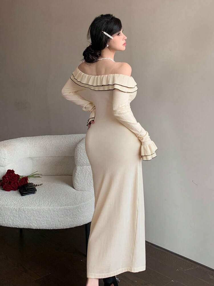 Women's Elegant Colorblock Bowknot Off Shoulder Sweater Dress, Autumn