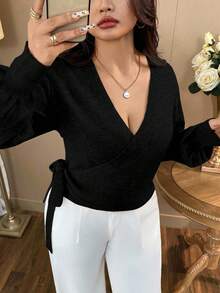SHEIN Clasi 1 件女士加大码优雅系带长袖针织开衫，适合秋冬季 - 黑色 - 查看 1