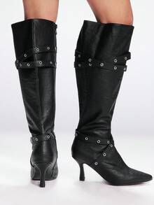 Sugerpunk 尖头细高跟时尚性感蛇皮网眼设计及膝靴，适合圣诞节、新年派对、约会之夜和春季休闲装 - 黑色 - 查看 7