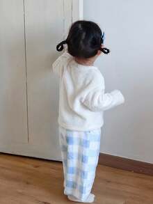 DAZY 2 peças/Conjunto Pijama de Menina Bebê com Top de Manga Longa de Gola Redonda Confortável Estilo Coreano e Calça Xadrez Larga, Roupas de Inverno para Meninas Pequenas - Azul - Visão 2