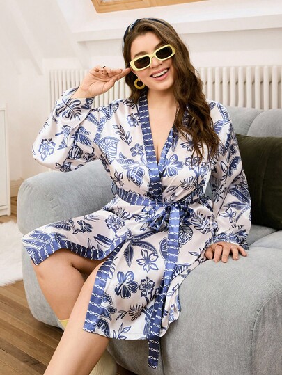 Chillnights Plus Size Colorblock Leaf, Flower & Parrot Print Satin Robe Night Wear, For Fall, Cozy Outfit