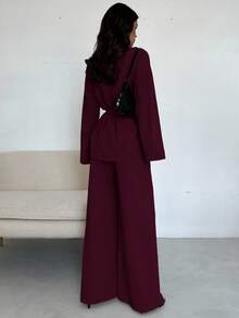 Firerie Chaqueta y pantalones holgados de mujer elegantes y casuales para vacaciones, oficina y uso diario con cuello vuelto, cintura con lazo. Adecuado para otoño y verano