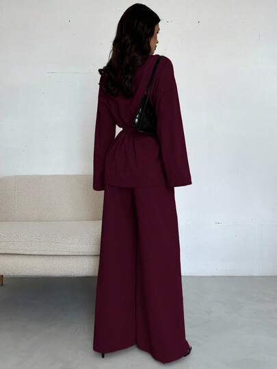 Firerie Women's Burgundy Elegant Office Autumn Clothes,Turndown Collar Waist Tie Shacket & High Waist Relaxed Pants Set,Old Money Style Casual Workwear Suit