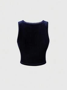 ROMWE EDITION Women's Witch Day Moon & Star Embroidered Velvet All-Match Fitted Tank Top - Royal Blue - View 3