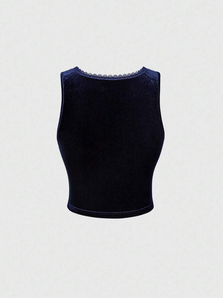 ROMWE EDITION Women's Witch Day Moon & Star Embroidered Velvet All-Match Fitted Tank Top - Royal Blue - View 3