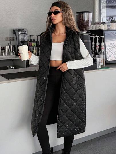 EURMUSE Solid Color All-Over Rhinestone, Zip-Up Winter Coat