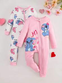 2pcs Baby Girls Cute Cartoon Rabbit Jumpsuit, Comfortable Casual Snug Fit Homewear, Spring/Autumn Snug Fit Fall Winter - Pink - View 1