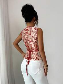 Elenzga Front Open Gold Jacquard Women's Summer Shirt Vest, Slimming Waist Blouse And Shirt, French Elegant Textured Floral Sleeveless Shirt - Red - View 2