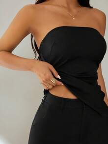 SHEIN PETITE Women's Simple Solid Color Tube Top And Suit Pants Set, Commuter Style, Summer - Black - View 6