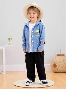 Young Boys' Blue Hooded Denim Jacket,Autumn Career Day Collegiate Style Embroidered Patch Washed Fabric Distressed Detail Loose Fit Street Outerwear - Blue - View 1