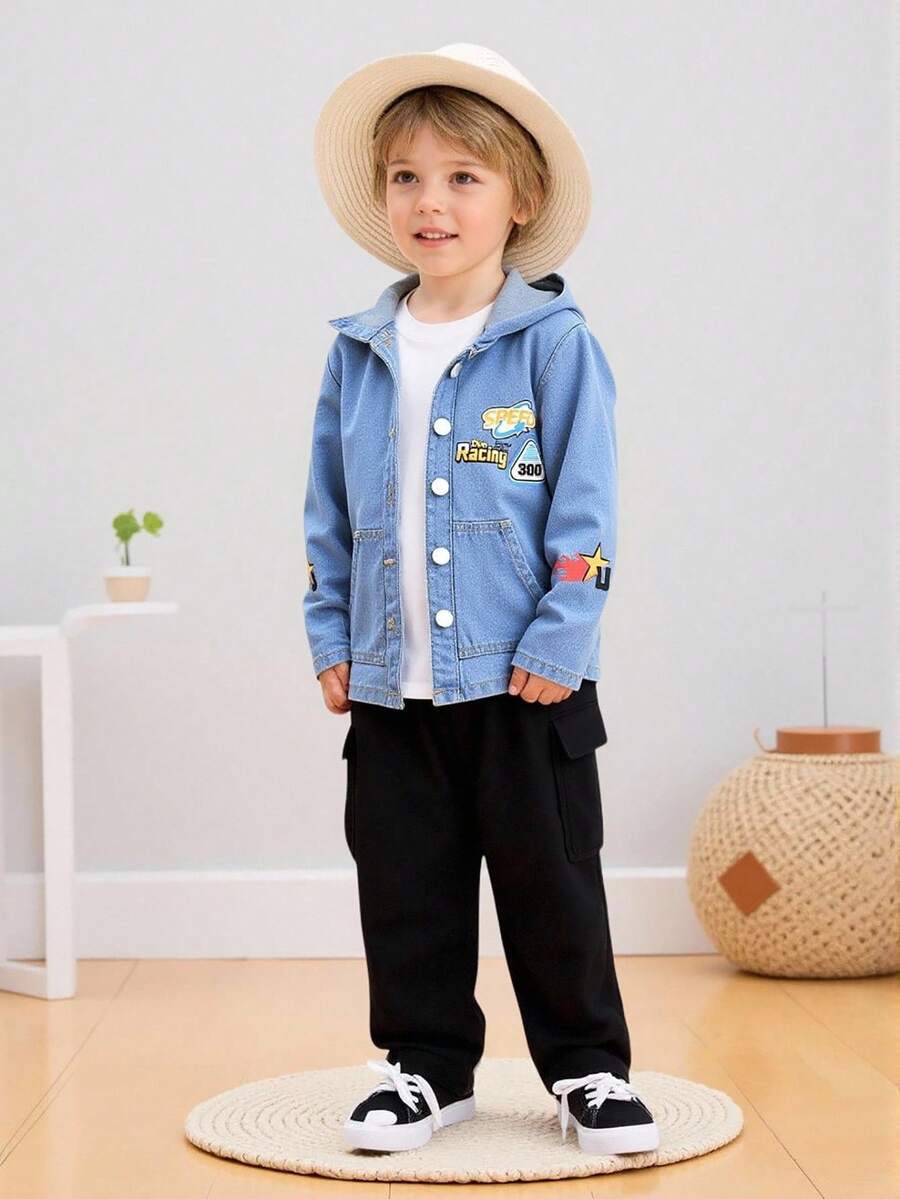 Young Boys' Blue Hooded Denim Jacket,Autumn Career Day Collegiate Style Embroidered Patch Washed Fabric Distressed Detail Loose Fit Street Outerwear - Blue - View 1