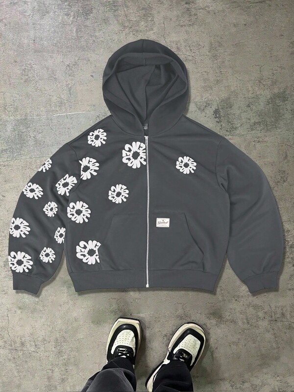 Manfinity EMRG Plus Size Men's Casual Floral Print Zip-Up Hoodie Sweatshirt, Suitable For Spring/Autumn Daily Commute