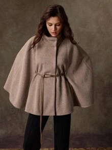 Lilora Women's Elegant Stand Collar Poncho Style Overcoat Autumn Winter - Brown - View 4