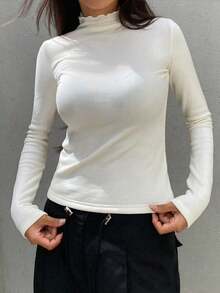DAZY 女士休闲纯色立领保暖内衬 T 恤，秋冬长袖女上衣，秋季女装 - 米色 - 查看 7