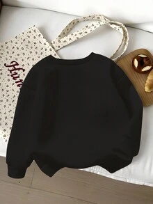 女婴时尚可爱蝴蝶结装饰黑色圆领长袖卫衣，女婴黑色抓绒套头衫，女婴蝴蝶结套头衫，女婴休闲卫衣，女婴秋冬季保暖内衬卫衣，6个月-3岁女婴秋季卫衣，女婴服装，黑色粉色蝴蝶结卫衣，黑色卫衣，女婴服装 - 彩色 - 查看 2