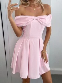 INAWLY Vestido Elegante e Delicado de Ombro Caído de Cor Sólida e Doce para Mulheres