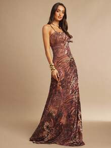 Silquee Vestido evasé sin mangas con estampado de leopardo y superposición de malla, adecuado para citas románticas, fiestas, San Valentín, festivales de música - Multicolor - Ver 3
