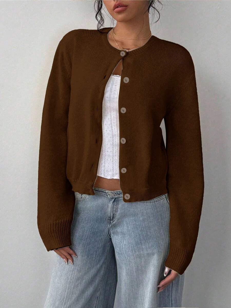 SHEIN BASICS 休闲简约咖啡色女士开衫,适合秋冬 - 棕色 - 查看 1