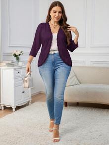 SHEIN Clasi Plus Size Women Textured Knit Jacket, Autumn/Winter - Purple - View 5