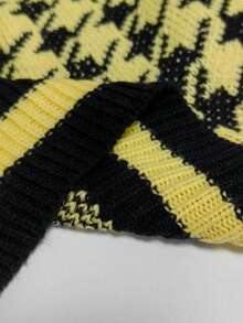 Elenzga 大码女式 V 领宽松休闲针织背心上衣，卡其色黑色拼色千鸟格提花套头毛衣背心，适合日常穿着，春秋季 - 淡黃色 - 查看 7