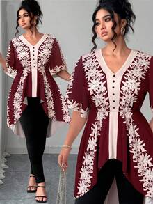 Elenzga Christmas Plus Size Women V-Neck Short Sleeve Placement Print Front Button Decor Black & Beige White Front Short Back Long Waist Cinched Top With High Waist Elastic Waist Pants, Elegant Office Wear 2-Piece Set, Spring/Summer - Burgundy - View 1