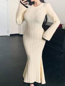 DAZY 女式优雅撞色鱼尾毛衣裙，秋季 - 米色 - 查看 9