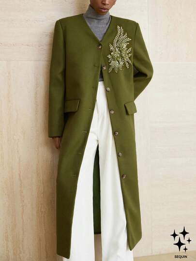 Aveloria Modichic V-Neck Solid Color Single-Breasted, Single-Faced 3D Floral Decor Commuter Elegant Long Coat