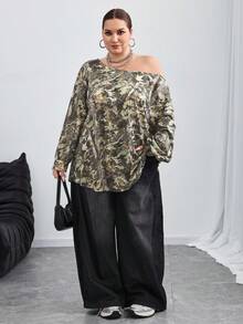 SHEIN CURVE+ Plus Size Women's Y2K Pattern Elastic Off-Shoulder Sports T-Shirt/Autumn /Winter