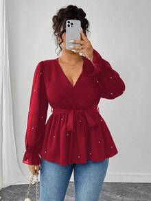 Elenzga 大码女式畅销V领优雅性感修身衬衫，适合通勤和派对，束腰蝴蝶结设计，仿珍珠装饰 - 紅色 - 查看 7