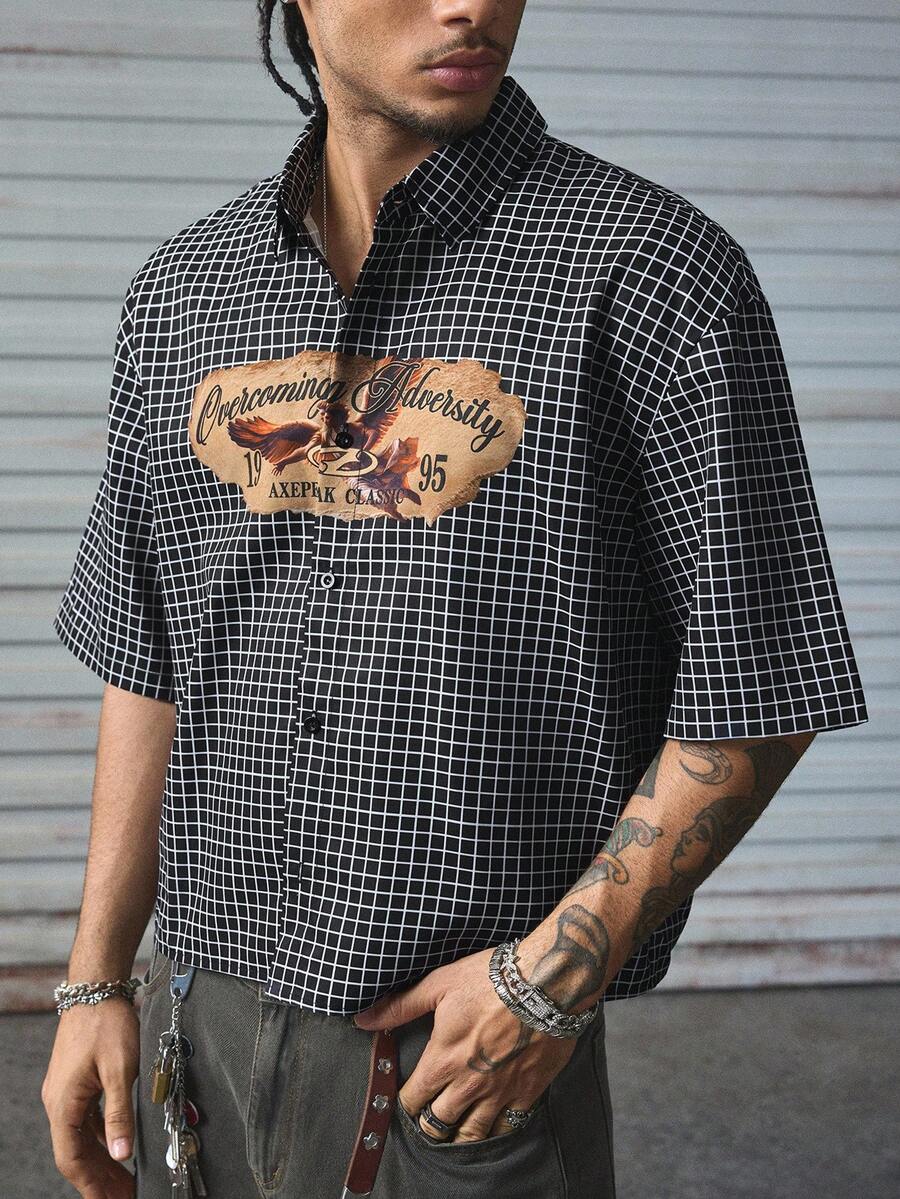 AXEPEAK 休闲街头时尚复古格子印花男士短袖衬衫 - 黑色 - 查看 1
