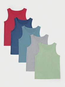 SHEIN Bộ 5 áo ba lỗ không tay thoải mái cho bé trai, thiết kế đơn giản, dễ phối đồ, vải dệt kim co giãn và thoáng khí, có thể giặt bằng máy, vừa vặn thoải mái và dễ chăm sóc (5 chiếc được bán riêng) - Nhiều màu - Xem 3