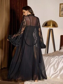 SHEIN 女士睡衣套装，含刺绣花卉网眼吊带裙和睡袍 - 黑色 - 查看 2