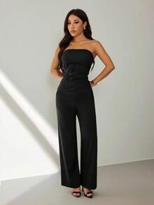 SHEIN PETITE Women's Simple Solid Color Tube Top And Suit Pants Set, Commuter Style, Summer - Black - View 4