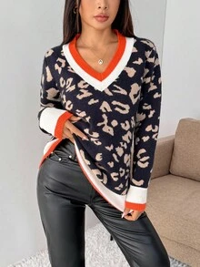 EMERY ROSE Áo len họa tiết da báo cổ chữ V phối màu đơn giản dành cho nữ, Thu/Đông - Xanh đậm - Xem 3