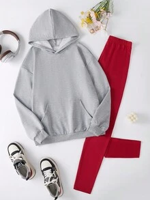 Sparklyn 2pcs/Set Casual Loose Fit Pink Hoodie Sweatshirt With Letter Print + Black Leggings, Teen GirlAutumn Outfit Fall Winter - Grey - View 2
