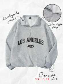 SHEIN CURVE+ Plus Size Retro Campus Style Casual Unisex Women Loose Half-Zip High Neck Fleece Hoodie, Suitable For Autumn/Winter/Autumn /Winter