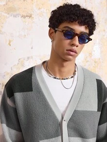 SWAVVY Men's Autumn Casual Collegiate Style Patchwork Pattern V-Neck Button-Up Cardigan, For Fall Winter - Grey - View 6