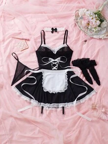 SHEIN 6pcs Halloween Maid Lace Mesh Sexy Suspender Dress + G-String + Waist Belt + 2pcs Socks + Ruffle Neck Collar Set - Black and White - View 6