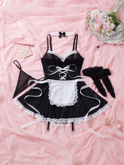 Fantasy Costume Halloween Maid Kanten Mesh Verleidelijke Suspender Dress String Waist Belt Socks Ruffle Neck Collar Set view 6