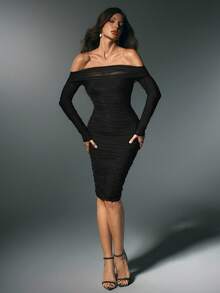 女式修身腰身连衣裙，露肩领口，网眼覆盖，性感绷带设计，中长款，适合派对、休闲装，秋冬 - 黑色 - 查看 5