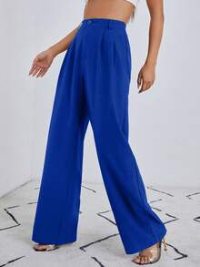 SHEIN Essnce Zipper Fly Fold Pleated Solid Wide Leg Trousers - Royal Blue - View 3