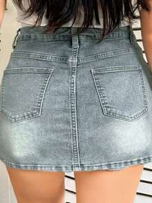 Dazy Plus Plus Size Washed Distressed Wrap-Around Bodycon Safety Short Denim Skirt, Spring/Summer Jeans Skirt - Light Wash - View 2