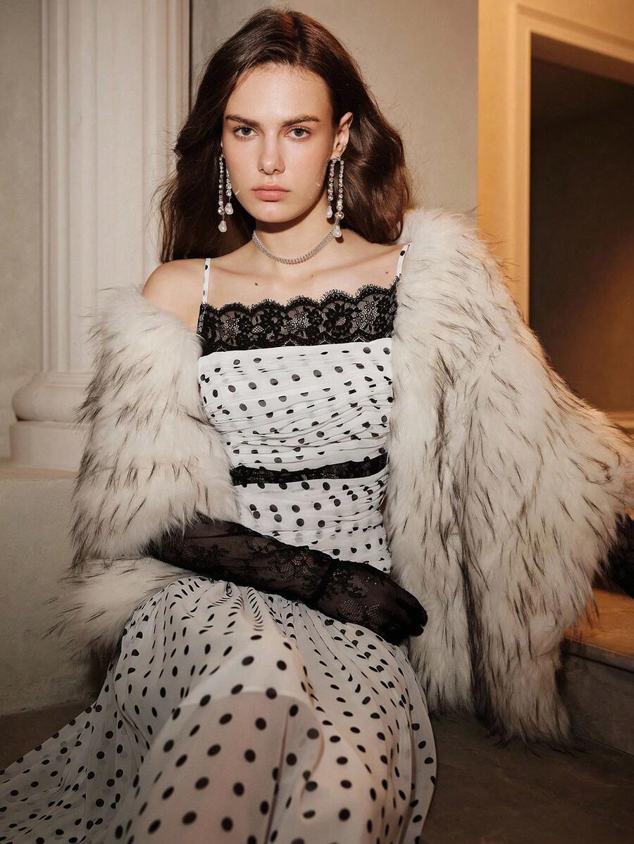 SHEIN Unity 浪漫优雅的茶会/约会蕾丝领，睫毛蕾丝胸围褶皱波尔卡圆点吊带裙，贴身腰部和喇叭形下摆，白色底色搭配黑色波尔卡圆点，适合所有季节 - 白色 - 查看 1