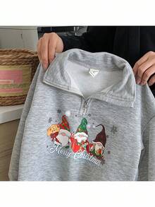 SHEIN Young Girl Solid Color Christmas Pattern Stand Collar Half-Zip Casual Sweatshirt Autumn Winter Clothes - Grey - View 8