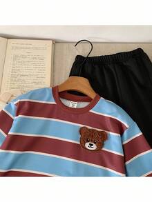 SHEIN 2pcs/Set Boys' Striped Sweatshirt Outfit, Cute Cartoon Design, Suitable For Outdoor Sports And Casual Wear, Autumn/Winter - Multicolor - View 4