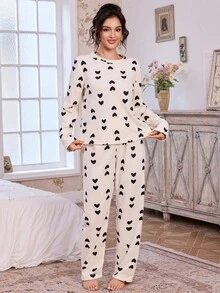 CottageSlumber Cheese-Color Reversible Fleece Fluffy Pajama Set With Black Heart Print For Women, Fall Winter Clothes - Beige - View 6