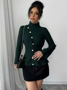Selianne Elegant Bell Sleeve Cinched Waist Green & Gold Decorative Button Sweater, Autumn/Winter Fall Cloth For Women - Green - View 3