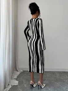 Elenzga Black & White Striped V-Neck Fitted Elegant Sweater Dress, Autumn/Winter - Black - View 2