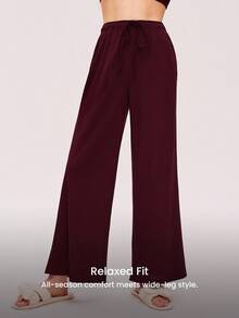 LUVLETTE 圣诞节和新年睡衣 秋冬季柔软棉质华夫格宽松女士休闲裤 透气睡裤 睡衣风格长裤 带口袋 内衣外穿 秋季睡衣