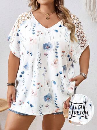 SHEIN CURVE+ 加大对比色蕾丝蝙蝠袖 T 恤 波西米亚风度假加大码衬衫 加大码花卉上衣 加大码夏季上衣 8xl 女装 女式衬衫 加大码/秋冬